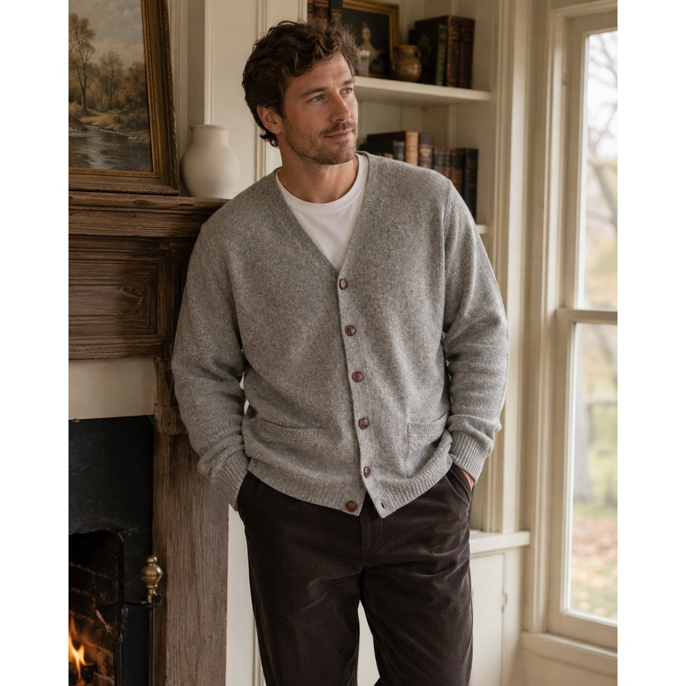 Jos. A. Bank Cardigan Sweater Mens XL Gray Lambswool Blend V-Neck Executive